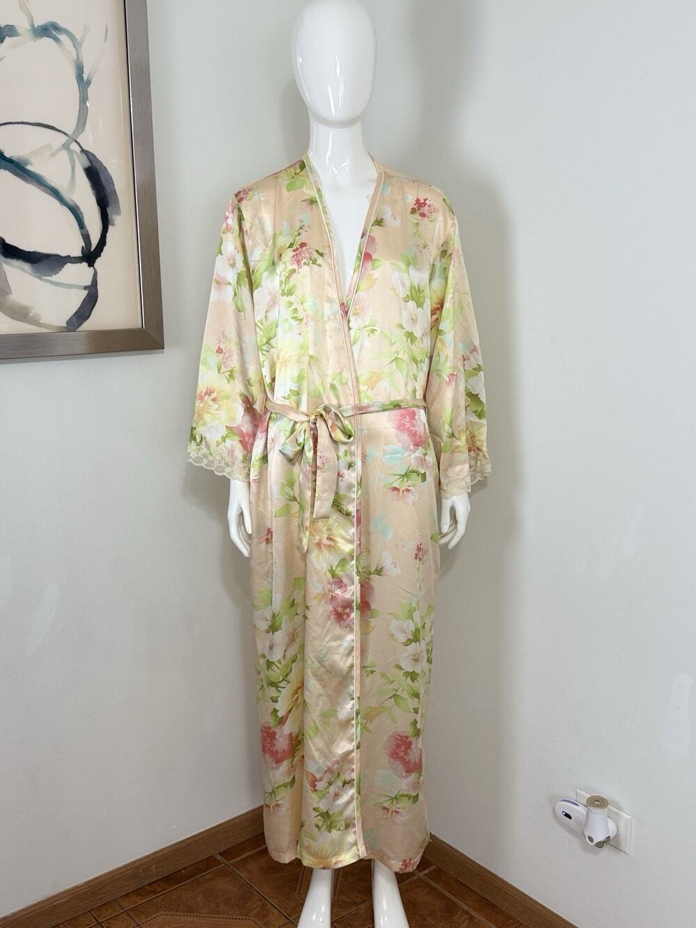 Oscar de la Renta Pink Label Floral Satin Maxi Robe Vintage Peignoir Kimono M